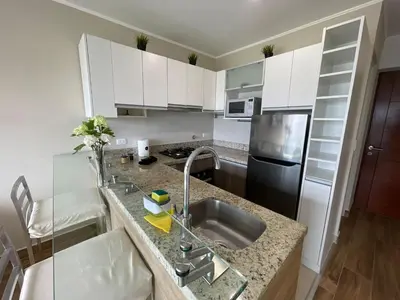 a kitchen with a sink and a refrigerator at BOEM Apartments by Vibrant in Lima