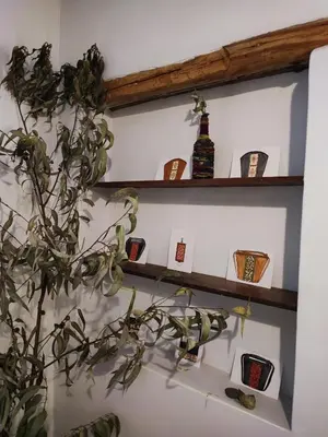 a shelf with bottles and a plant on it at Loft acogedor in Ollantaytambo