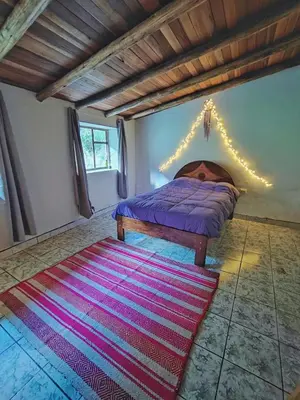 a bedroom with a bed and a large rug at Wonderful Full House in Ollantaytambo