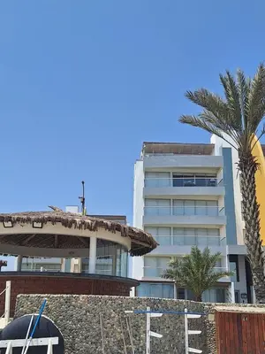 a tall building with a palm tree in front of it at Paracas Exclusivo Departamento familiar in Pisco
