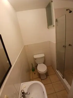 a small bathroom with a toilet and a shower at Apartamento Ideal en Zona Céntrica in Lima