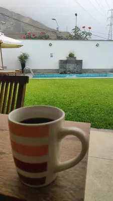 a coffee cup sitting on a table next to a yard at Casa Ribera Este in Cieneguilla