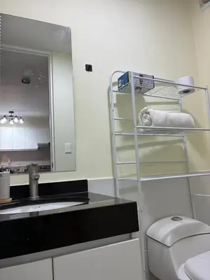a bathroom with a sink and a toilet and a mirror at Modern apartment overlooking Parque de las Aguas in Lima