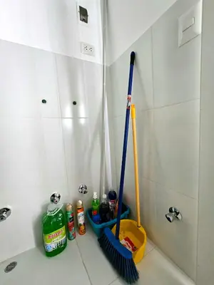 a bathroom with two mop and cleaning products on the floor at Apartamento Moderno in Lima