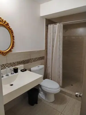 a bathroom with a toilet and a sink and a mirror at Departamento Executive 2BR Balcón Frente al Mall Santa Catalina in Lima