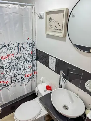 a bathroom with a toilet and a sink and a mirror at Edificio Sir William - Punta hermosa - Lima, Peru in Punta Hermosa