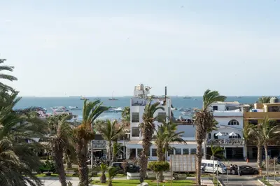 a view of a city with palm trees at Hostal 3 Lunas in Paracas