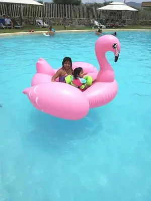 a woman and a child in a pink swan raft in a pool at Asia soleil in Asia