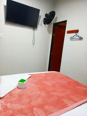 a room with a bed with a flat screen tv on the wall at Alojamiento Oslo San Ramón in San Ramón