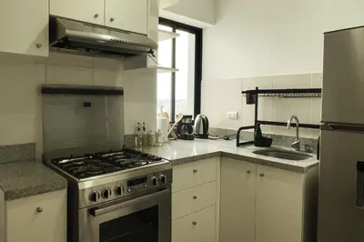 a kitchen with a stove and a sink at Departamento céntrico a San Isidro San Borja in Lima