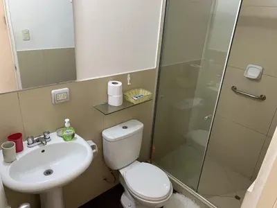 a bathroom with a shower and a toilet and a sink at Departamento 03 dormitorios cerca Arena 1 in Lima