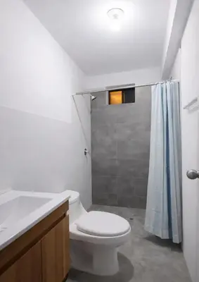 a white bathroom with a toilet and a shower at Posada El Pino