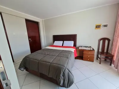 a bedroom with a bed and a desk and a chair at comfortable magic apartment in San Juan Bautista