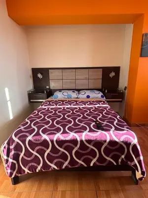a bedroom with a bed with a purple and white bedspread at Hospedaje Don Luciano in San Vicente de Cañete
