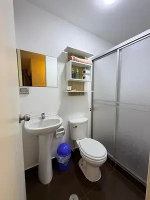 a bathroom with a toilet and a sink and a shower at Costanera Uno Vista al Mar in Lima