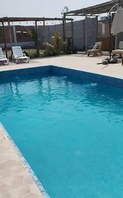 a large blue swimming pool with chairs and an umbrella at Finca Lucía Kemper in San Vicente de Cañete