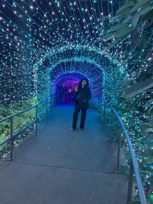a woman standing in front of a tunnel of christmas lights at Topará Beach House in San Vicente de Cañete