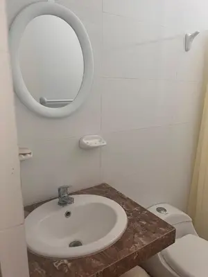 a bathroom with a sink and a mirror and a toilet at Departamento 101 in Punta Negra