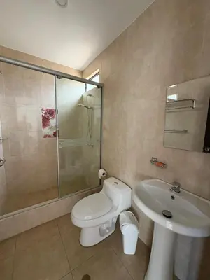 a bathroom with a shower and a toilet and a sink at Casa de campo Rosenthal - Cieneguilla in Panquilma