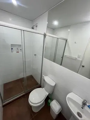 a bathroom with a toilet and a shower and a sink at CASA CERCA a PLAYA NAPLO CON PISCINA in Pucusana