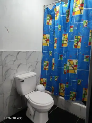 a bathroom with a toilet and a blue shower curtain at Casita de camucha segundo piso in Chincha Baja