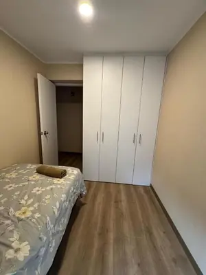 a bedroom with a bed and white cabinets at Confortable y moderno apartamento en Lima, cerca al centro de Lima, MIraflores y San IsidroN ISIDRO in Lima