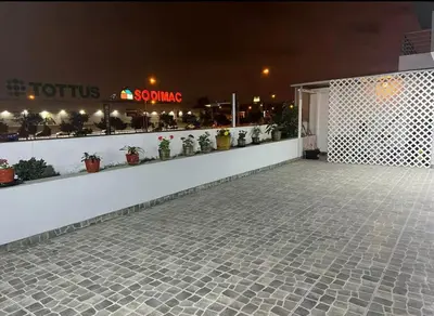 a parking lot with plants on a white wall at Departamento cómodo a 20 minutos del aeropuerto in Lima