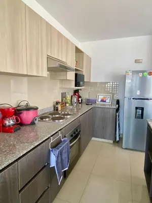a kitchen with wooden cabinets and a stainless steel refrigerator at Large Apartment - Santa Beatriz 3 Bedrooms in Lima