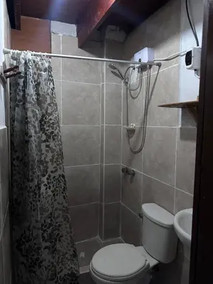 a bathroom with a toilet and a shower at Rustic Getaway in San Bartolo in San Bartolo