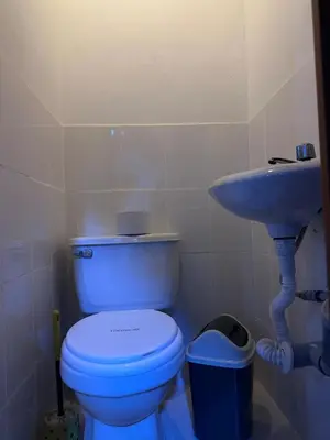 a bathroom with a blue toilet and a sink at Rustic Getaway in San Bartolo in San Bartolo