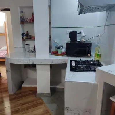 a kitchen with a counter with a microwave and a stove at La Palmera Apartment in San Bartolo