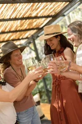 a group of women holding up wine glasses at Earth Tones Tiny Homes & Suites in Ollantaytambo