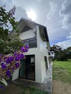 a white house with purple flowers in front of it at Steinhaus - Nature, calm and comfort in Oxapampa