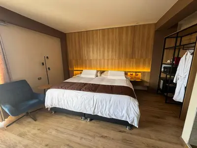 a bedroom with a bed and a blue chair at Marina Selection Hotel in San Juan de Marcona