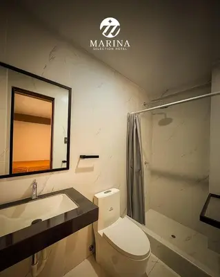 a bathroom with a toilet and a sink and a mirror at Marina Selection Hotel in San Juan de Marcona