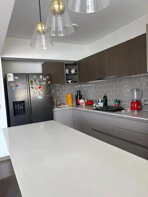a kitchen with a refrigerator with magnets on it at Beautiful brand new apartment for rent in Lima