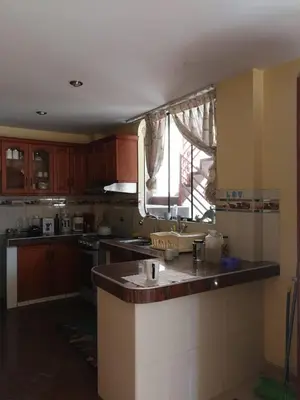 a kitchen with wooden cabinets and a counter top at Departamento tranquilo en Condominio in Santa Eulalia
