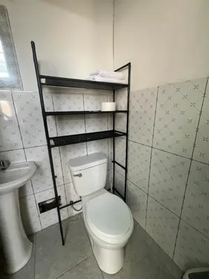 a bathroom with a white toilet and a sink at Tres Gatos Paracas in Paracas