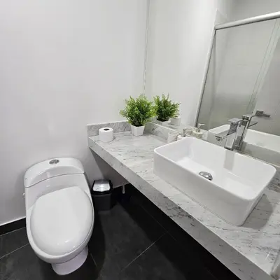 a bathroom with a white toilet and a sink at Nordic Barranco by PERU STAY in Lima