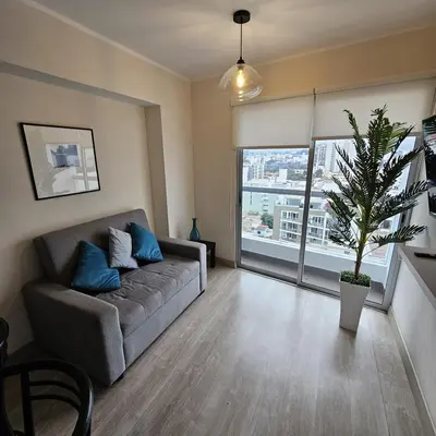 a living room with a couch and a potted plant at Nordic Barranco by PERU STAY in Lima