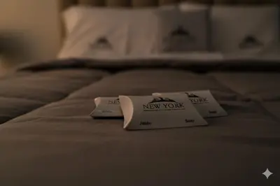 a bed with two new york signs on it at Hostal New York in Jauja
