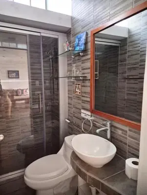 a bathroom with a toilet and a sink and a shower at Front Beach House nearby Playa Asia in Lima, Peru! in Cerro Azul