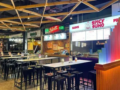 a restaurant with tables and stools in a restaurant at M15 - Two Bedroom Apartment in front of the US Embassy in Lima
