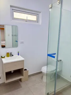 a bathroom with a shower and a sink and a toilet at Casa de playa en Cerro Azul con piscina privada in Cerro Azul