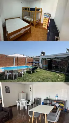 two pictures of a room with a bed and tables at Casa playa in Barranca