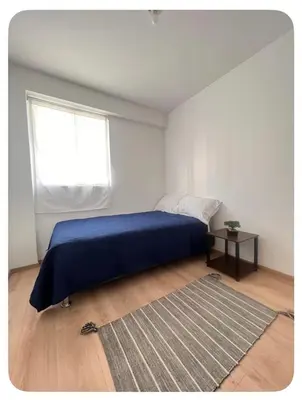 a bedroom with a bed with a blue blanket and a window at Habitación con baño privado, duplex con ambientes compartidos in Lima