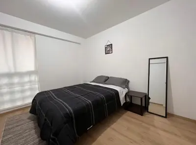 a bedroom with a bed and a mirror in it at Habitación con baño privado, duplex con ambientes compartidos in Lima