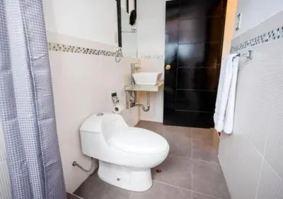 a bathroom with a white toilet and a sink at San Blas Plaza Hotel in Cusco
