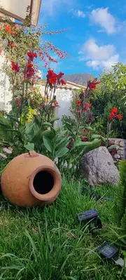a flower garden with a pot in the grass at Florez de la Villa Apart Hotel in Cusco