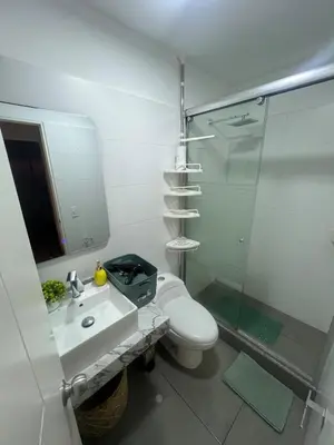 a bathroom with a toilet and a sink and a shower at Barranco apartment facing the ocean in Lima